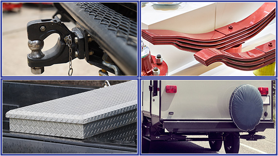 Collage of trailer accessories including a hitch, leaf springs, a storage toolbox, and a rear view of a trailer.